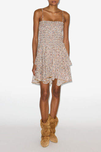 Anka Leichtes Baumwollkleid mit Smokarbeit und Print Anka Leichtes Baumwollkleid mit Smokarbeit und Print