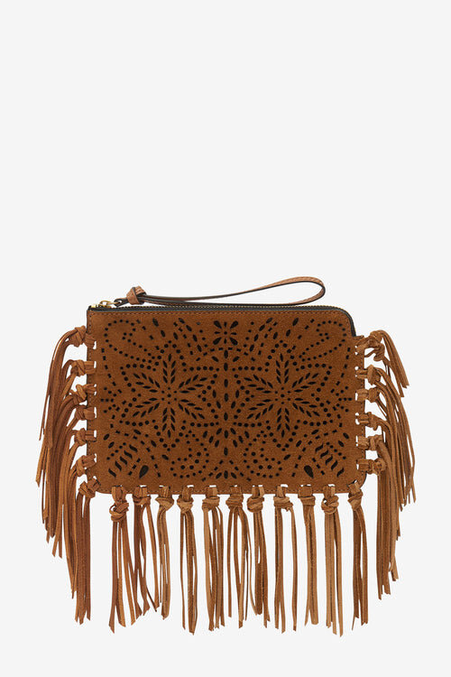Flache Clutch-Tasche aus Leder mit Fransen Flache Clutch-Tasche aus Leder mit Fransen