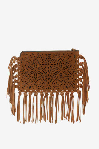 Flache Clutch-Tasche aus Leder mit Fransen