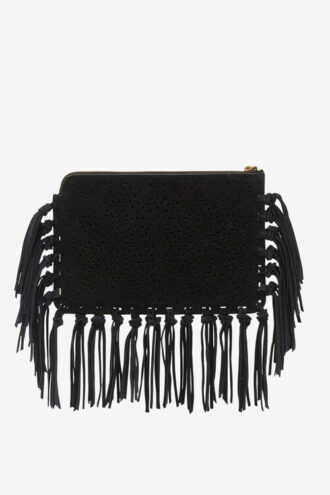 Flache Clutch-Tasche aus Leder mit Fransen