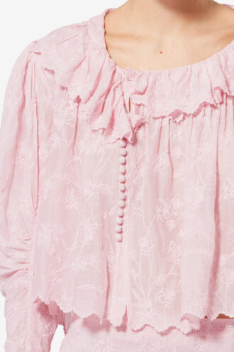 Zelly Rüschenbluse aus Baumwolle und Seide mit Blumenmuster Zelly Rüschenbluse aus Baumwolle und Seide mit Blumenmuster